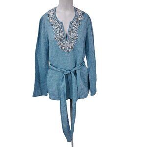 Lafayette 148 Beaded Linen Tunic Top Size 4 Belted Waist Blue White 3/4 Sleeve